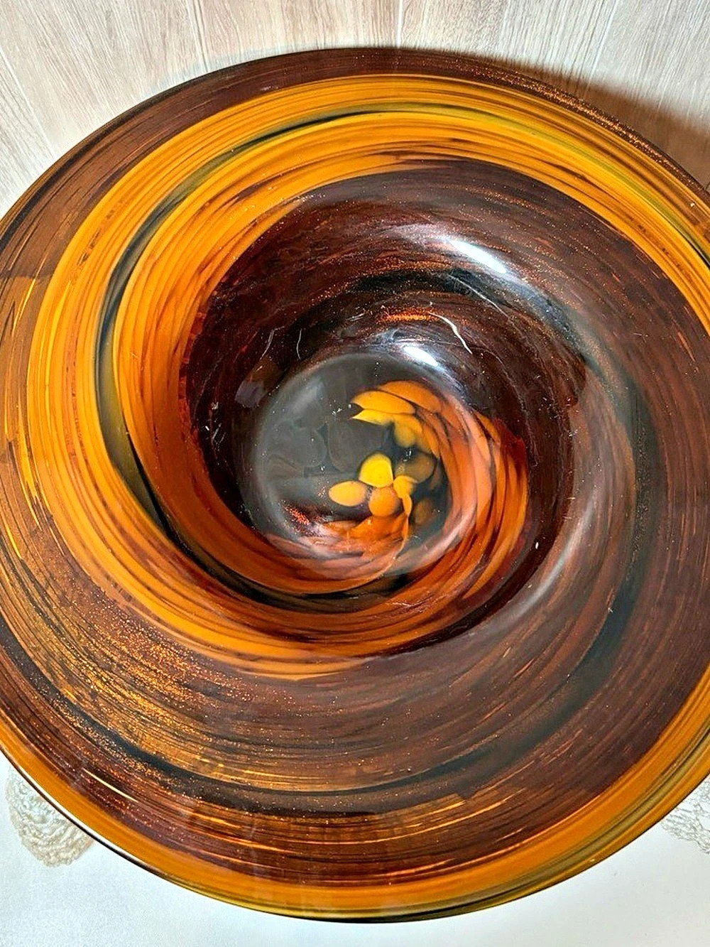 Handcrafted Swirl Glass Serving Bowl in Brown & Orange